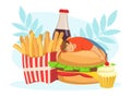 Bad Habit with Fat Man Addicted to Fast Food Embracing Hamburger Vector Illustration