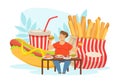 Bad Habit with Fat Man Addicted to Fast Food Sitting and Eating at Table Vector Illustration