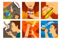 Bad habits and addictions of modern society set, cigarette, drug, alcohol, fast food, gadgets, shopping addiction vector