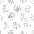 Bad hair Covid 19 quarantine vector seamless pattern. Humorous backdrop of childlike scribble drawings of girls with