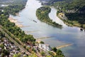 Panarama view from the Drachenfels to the river Rhine and view of Nonnenwerth Island. Bad Honnef near Bonn, Germany. Royalty Free Stock Photo