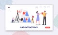 Bad Intentions Landing Page Template. Characters Saw Ladder to Break Cards House. Sneaky Man Holding Axe Giving Gift