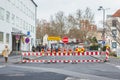 Diversion sign on a road closed for the reconstruction in a German town