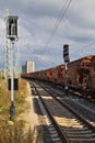 goods train, freight train of german company railion, deutsche bahn, horizontal shot