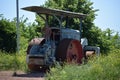 Bad Kreuznach, Germany - 06 14 2021: old road works machinery a traffic circle Royalty Free Stock Photo