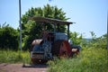 Bad Kreuznach, Germany - 06 14 2021: old road works machinery a traffic circle in NAhetal Royalty Free Stock Photo