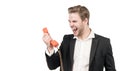 Bad line. Angry manager scream holding telephone receiver. Screaming guy use vintage telephone Royalty Free Stock Photo