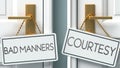 Bad manners and courtesy as a choice - pictured as words Bad manners, courtesy on doors to show that Bad manners and courtesy are