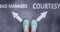 Bad manners and courtesy as different choices in life - pictured as words Bad manners, courtesy on a road to symbolize making