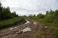 A bad muddy countryside off road with big puddles, dirt and tire tracks after a heavy rain and a cloudy blue sky in the background