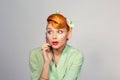 Bad news. Shocked pinu up girl woman with phone Royalty Free Stock Photo