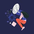 Bad night sleep concept Woman awake in stress thinking about work flat vector illustration