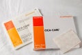 Bad Oeynhausen, Germany - August 06, 2021: Cica-care package and slice sample of special self adhesive medical silicone gel sheet