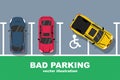 Bad parking. Good and bad parking examples. Top view. Traffic regulations.