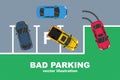 Bad parking. Good and bad parking examples. Top view. Traffic regulations. Vector.