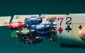 Bad poker gamble or unlucky hand concept with player going all in with 2 and 7 two and seven offsuit also called unsuited, Royalty Free Stock Photo