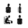 Bad posture problems black glyph icons set on white space