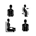 Bad posture problems black glyph icons set on white space
