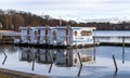 Bad Saarow, Brandenburg, Germany - January 22, 2022, Houseboats for rent for use as a holiday home.