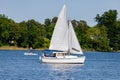 Bad Saarow, Germany - June 4, 2023, Spend a nice day with the family in the best weather on the lake with a sailing boat