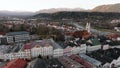 Bad Toelz, Aerial View of Famous old Ttown in Bavaria Germany. Bayern Bad Tolz in Winter sunrise. Mountains Isar river