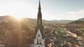 Bad Toelz, Aerial View of Famous old Ttown in Bavaria Germany. Bayern Bad Tolz in Winter sunrise. Mountains Isar river