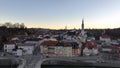 Bad Toelz, Aerial View of Famous old Ttown in Bavaria Germany. Bayern Bad Tolz in Winter sunrise. Mountains Isar river