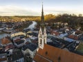 Bad Toelz, Aerial View of Old Houses at Marktstrasse in Altstadt, Bavaria Germany. Bad Tolz in Winter sunrise. Heating