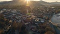 Bad Toelz, Aerial View of Famous old Ttown in Bavaria Germany. Bayern Bad Tolz in Winter sunrise. Mountains Isar river