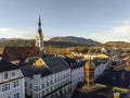 Bad Toelz, Aerial View of Old Houses at Marktstrasse in Altstadt, Bavaria Germany. Bad Tolz in Winter sunrise. Heating