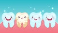 Bad tooth. Cartoon healthy white happy teeth and yellow spoiled sad tooth with smiling faces. Toothache problems, kids Royalty Free Stock Photo