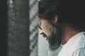 Bad unhealthy mental condition people Frustrated and exahausted sad man with eyes closed and beard. Adult male people with sadness Royalty Free Stock Photo