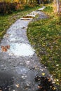 Bad way. Wet, many puddles, dirty and impassable alley in the park in autumn after rain