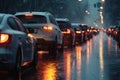 Bad weather, car traffic jam, road congestion in rain