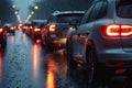 Bad weather, car traffic jam, road congestion in rain