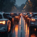 Bad weather, car traffic jam, road congestion in rain