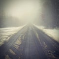 Bad weather driving - foggy hazy country road. Motorway - road traffic. Winter time and snow Royalty Free Stock Photo