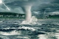 Tornadoes devastate land and oceans. Extreme weather and climate change concept. Royalty Free Stock Photo