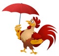 Bad weather. Funny red rooster with umbrella.