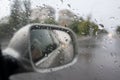 bad weather, rainy day, rain drops on car side mirror