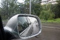 bad weather, rainy day, rain drops on car side mirror
