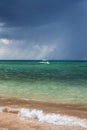 bad weather, a storm begins on the sea, dark blue clouds hang in the sky,coastline, wave, splash Royalty Free Stock Photo