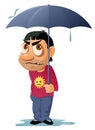 Bad weather. Unhappy man with umbrella in the rain