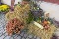 Bad Windsheim, Germany - 16 October 2019: View on the stone floor and autumn decoration with flowers, pumpkins and fruits Royalty Free Stock Photo