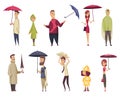 Bad windy rainy weather funny cartoon icons set with people holding flipping inside out umbrellas vector illustration Royalty Free Stock Photo