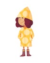 Bad windy rainy weather funny cartoon people icon. Girl in raincoat and rubber boots standing under rain. Character with Royalty Free Stock Photo