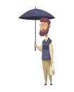 Bad windy rainy weather funny cartoon people icon. Man with umbrella standing under rain. Character with parasol Royalty Free Stock Photo