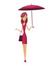 Bad windy rainy weather funny cartoon people icon. Woman with umbrella standing under rain. Character with parasol Royalty Free Stock Photo