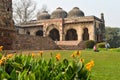 A bada gumbad monument at lodi garden or lodhi gardens in a city park from the side of the lawn at winter foggy morning
