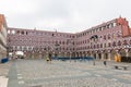 View at the exterior at the iconic High Square Badajoz, Plaza Alta de Badajoz, with typical colored house buildings , Badajoz,